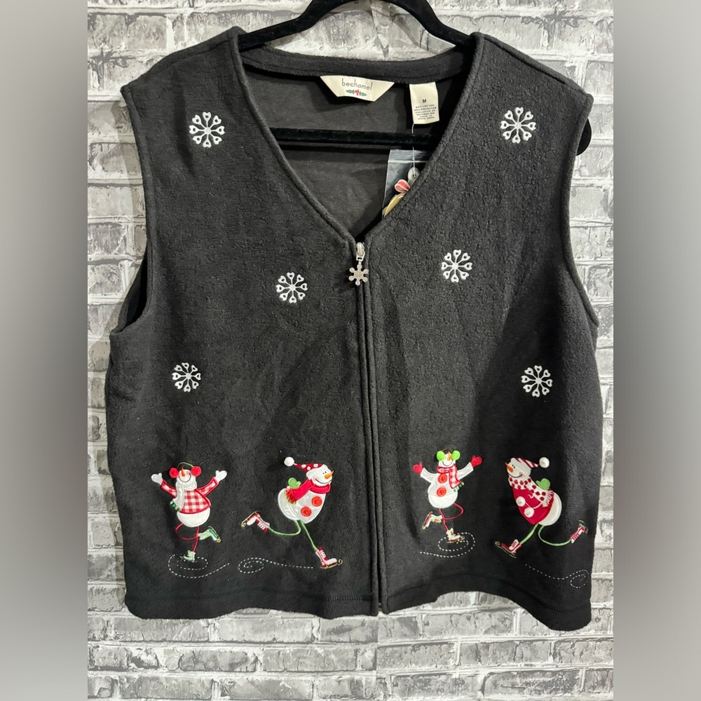 NWT Holiday Black Fleece Snowman Vest Womens Size M Zip Christmas Bechamel